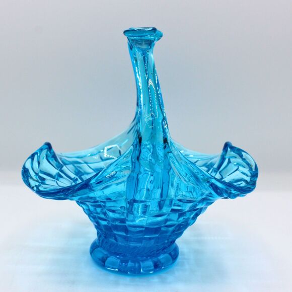 Vintage Blue Glass Weave Basket Pressed with Ruffled Scalloped Edge Split Handle - Picture 2 of 6